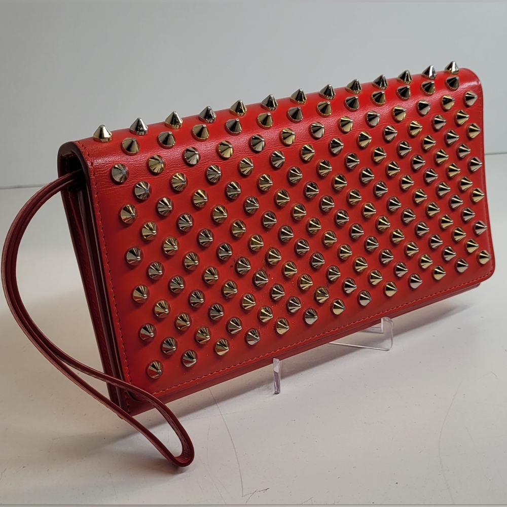 SOLD!!!Christian Louboutin Red Leather Macaron Spiked Clutch / Wallet - Picture 1 of 11